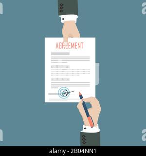 Vertrag, Vertrag, Unterschrift, Vektor, Geschäft, Dokument, Papier, Unterschrift, flach, Handshake, Deal, Hand, Illustration, Stift, Partnerschaft, Design, Symbol, sh Stock Vektor