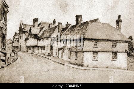 Eine historische Skizze, die die Old Grammar School in Church Street, Steyning, Sussex zeigt. Es wurde 1614 von William Holland, Alderman of Chichester, als Gymnasium gegründet und ausgestattet. Einst die einzige staatliche Schule in West Sussex, ist sie immer noch für Vorstandsetage (sowie Tagesschüler) gedacht. Obwohl dieses Gebäude (2020) verkauft werden soll, sind an der Schule andere Gebäude angebracht. Stockfoto