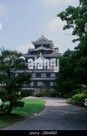 Blick auf die Burg Okayama mit dem Donjon-Turm, einer japanischen Burg in der Stadt Okayama in der Präfektur Okayama in Japan. Stockfoto