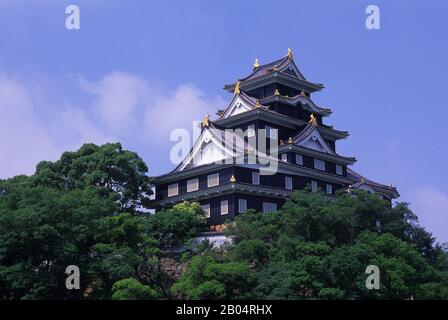 Blick auf die Burg Okayama, eine japanische Burg in der Stadt Okayama in der Präfektur Okayama in Japan. Stockfoto