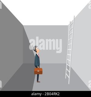 Business man im Anzug, der in einem Loch mit Holzleiter an der Wand verstaut ist. Vektorgrafiken in flachem Design. Stock Vektor