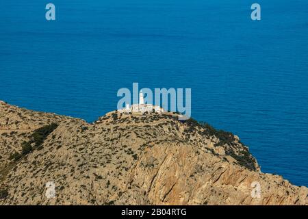 Luftbild, Insel, Halbinsel Cap Formentor, Far de Formentor, Leuchtturm, Pollença, Mallorca, Balearen, Spanien, Europa, Aussichtsplattform, Ca Stockfoto