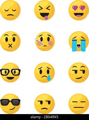 Emojis Gesichter flacher Stil Symbol Set Design, Cartoon Ausdruck niedlich Emoticon Charakter Profil Gesichts-Spielzeug schmückend und soziale Medien Thema Vector Illustration Stock Vektor