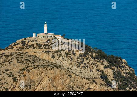 Luftbild, Insel, Halbinsel Cap Formentor, Far de Formentor, Leuchtturm, Pollença, Mallorca, Balearen, Spanien, Europa, Aussichtsplattform, Ca Stockfoto