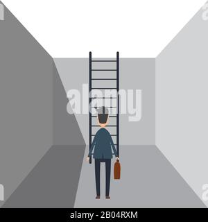 Business man im Anzug, der in einem Loch mit Holzleiter an der Wand verstaut ist. Vektorgrafiken in flachem Design. Stock Vektor