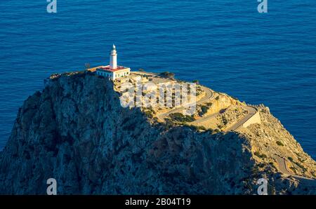 Luftbild, Insel, Halbinsel Cap Formentor, Far de Formentor, Leuchtturm, Pollença, Mallorca, Balearen, Spanien, Europa, Aussichtsplattform, Ca Stockfoto