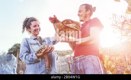 Glückliches Paar holt bei Sonnenuntergang frische Bio-Eier in der Henhouse Farm - Im Sommer Arbeitende Junglandwirte - Gesunder Lebensstil, Liebe, Landwirtschaft Stockfoto