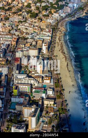 Luftbild, Insel, Hotelausstattung am Strand Cala Millor, Son Moro, S, ant Llorenç des Cardassar, Mallorca, Balearen, Spanien, Europa, es, Stockfoto