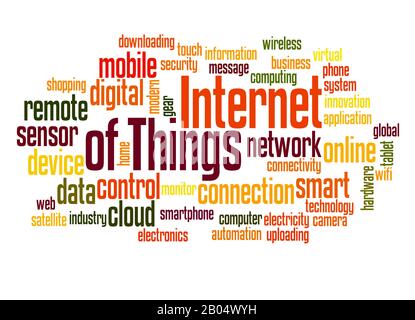 Internet of Things Wort Cloud Konzept auf weißem Hintergrund. Stockfoto