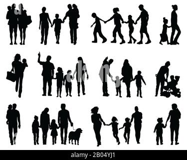 Schwarze Silhouetten von Familien beim gehen auf weißem Hintergrund schwarze Silhouetten von Familien beim gehen auf weißem Hintergrund Stockfoto