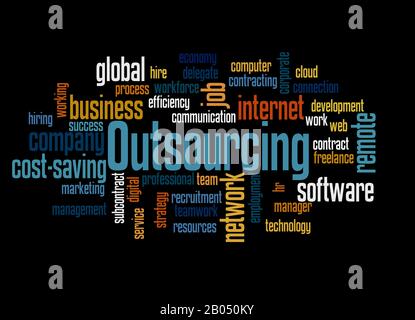 Outsourcing-Word-Cloud-Konzept auf schwarzem Hintergrund. Stockfoto