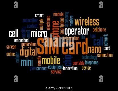 SIM-Karte Wort Cloud Konzept auf schwarzem Hintergrund. Stockfoto