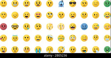Emojis Gesichter flacher Stil Symbol Set Design, Cartoon Ausdruck niedlich Emoticon Charakter Profil Gesichts-Spielzeug schmückend und soziale Medien Thema Vector Illustration Stock Vektor