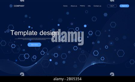 Website template Design. Asbtract wissenschaftlichen Hintergrund mit bunten dynamische Wellen, sechseckigen Innovation Muster. Moderne landing page für Websites oder Stock Vektor