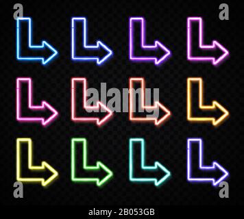 Pfeilsymbol für die Farbeingabe. 3D-Pfeilzeiger für Neonlicht auf transparentem Hintergrund eingestellt. Leuchtende Linie auf dunklem Hintergrund Nachtclub Bar Retro Straße direkt Stock Vektor