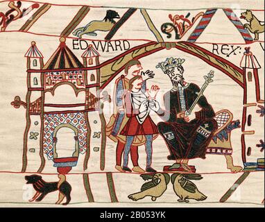 Edward DER BEICHTVATER (c 1003-1066) Anglo-'Saxon König von England, wie zu Beginn des Wandteppichs von Bayeux in einer Reproduktion aus dem 19. Jahrhundert gezeigt. Stockfoto