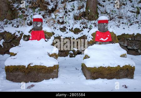 Narabijizo, Bakejizo, Jizo Steinstatuen, buddhistische Wächtergottheiten in Kanmangafuchi Abgrund, Nikko, Japan Stockfoto