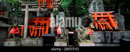 Fuchs-Statuen an einem Schrein, Fushimi Inari-Taisha, Fushimi Ward, Kyoto, Präfektur Kyoto, Kinki Region, Honshu, Japan Stockfoto