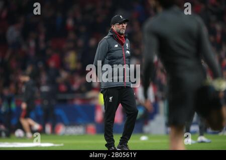 Madrid, Spanien. Februar 2020. Madrid, Spanien; 18.02.2020.- Atlético de Madrid vs. Liverpool 1. Spieltag der Champions League in der Wanda Metropolitan, Madrid. Jurgen Klopp Liverpooler Trainer. Credit: Juan Carlos Rojas/Picture Alliance weltweite Nutzung / dpa / Alamy Live News Stockfoto