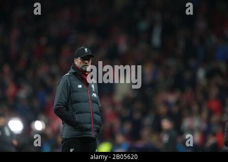 Madrid, Spanien. Februar 2020. Madrid, Spanien; 18.02.2020.- Atlético de Madrid vs. Liverpool 1. Spieltag der Champions League in der Wanda Metropolitan, Madrid. Jurgen Klopp Liverpooler Trainer. Credit: Juan Carlos Rojas/Picture Alliance weltweite Nutzung / dpa / Alamy Live News Stockfoto