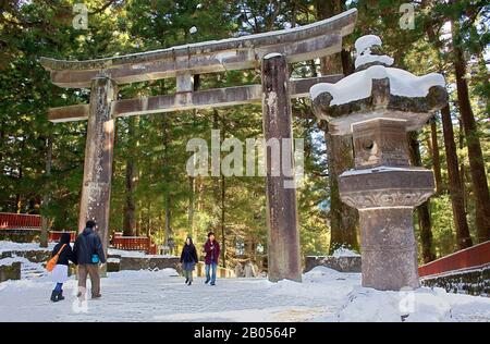 Stein, Torii, Tor, Laterne am Eingang des Tosho-gu Schreins, Nikko, Japan Stockfoto