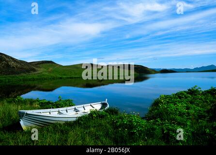 ISLAND, MYVATN LAKE, BOOT MIT PSEUDOKRATERN IM HINTERGRUND Stockfoto