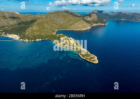 Luftbild, Halbinsel Les Pedreres, Faro de Punta de la Avanzada Leuchtturm, Festung von Albercutx, Pollença, Mallorca, Balearen, Spanien, Euro Stockfoto