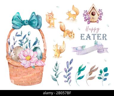 Handgezeichnetes Aquarell Happy easter Set mit Korb und Eichhörnchen Design. Kaninchen Bohemian Stil, isoliert Boho Illustration auf weiß. Niedliches Baby Kaninchen Stockfoto