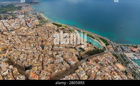 Luftbild, Blick auf die Stadt und die Altstadt, Santa Iglesia Catedral de Mallorca, Kathedrale von Palma, Parc de la Mar, Canamunt, Palma, Europa, Balearen Stockfoto