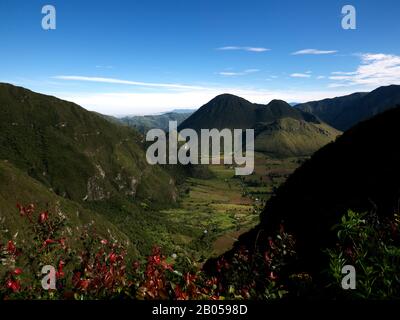 Gepflegtes, von Hügeln umgebendes Feld, Vulkan Pululahua, Nationalpark Cotopaxi, Quito, Ecuador Stockfoto