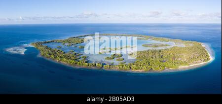 Eine abgelegene tropische Insel im indonesischen Molucca Meer wird von Mangrovenwald umgeben, der eine flache, idyllische Lagune umgibt. Stockfoto