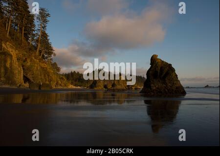 Ruby Beach auf der Olympia-Halbinsel im Olympia-Nationalpark im US-Bundesstaat Washington im Abendlicht Stockfoto