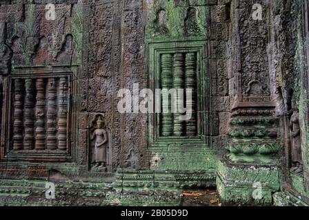 BAS-Reliefschnitzereien in der Halle Der Tänzer im Preah Khan Tempel in Angkor, Siem Reap, Kambodscha Stockfoto
