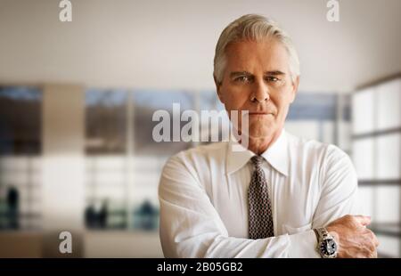 Porträt eines erfahrenen Geschäftsmannes, der in seinem modernen Bürobereich steht. Stockfoto