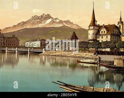 Blick auf den Pilatus, Luzerne, Schweiz. Zwischen 1890 Und 1910. Stockfoto