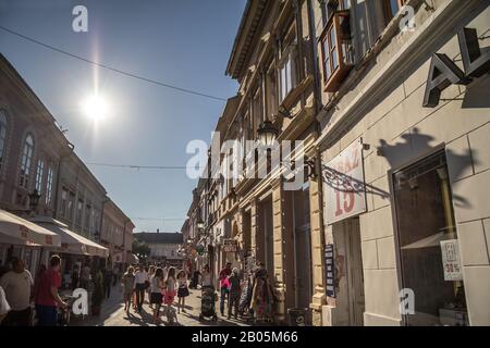 Novi SAD, SERBIEN - 30. MAI 2015: Dunavska Ulica Straße, eine der Fußgängerzonen des Stadtzentrums von Novi Sad, der zweitgrößten Stadt Serbias Stockfoto