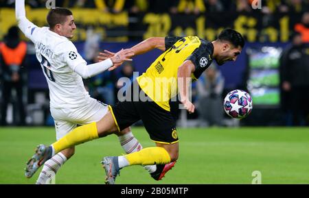 Emre Can (BVB) und Marco Verratti (PSG) wetteifern beim UEFA Champions League-Fußballspiel Borussia Dortmund gegen Paris St. Germain um den Ball Stockfoto