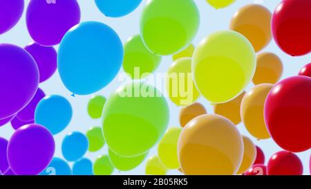 Regenbogenballons am blauen Himmel. 3D-Abbildung. Bunt. Stockfoto