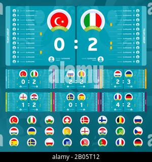 Fußball-2020-Turnier Endetappenvektorillustration. Länderspieltabelle oder Anzeigetafel mit Platz für Informationen. 2020 Europäische Socce Stock Vektor