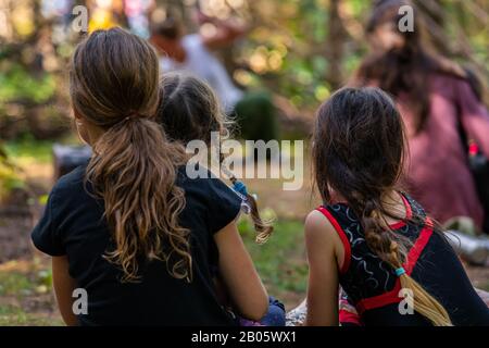 Ein selektiver Fokus, der als drei junge Mädchen, Schwestern, auf dem familienfreundlichen Erdfest einen Kampfkunstlehrer beobachtet, der im Hintergrund verschwommen zu sehen ist Stockfoto