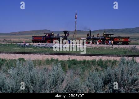 USA, UTAH, PROMONTORY POINT, GOLDEN SPIKE NATIONAL HISTORIC SITE, TREFFPUNKT VON EISENBAHNSTRECKEN Stockfoto
