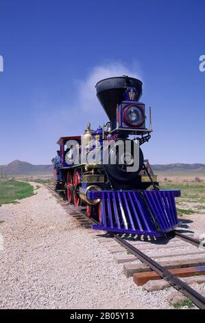 USA, UTAH, PROMONTORY POINT, GOLDEN SPIKE NATIONAL HISTORIC SITE, CENTRAL PACIFIC STEAM ENGINE Stockfoto