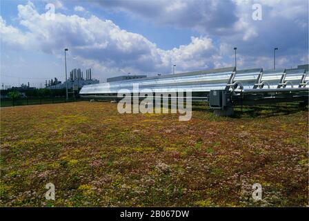 USA, MICHIGAN, IN DER NÄHE VON DETROIT, DEARBORN, WERKSFÜHRUNG VON FORD ROUGE, PFLANZEN AUF DEM GRÖSSTEN LEBENDEN DACH, SOLARPANEELE Stockfoto