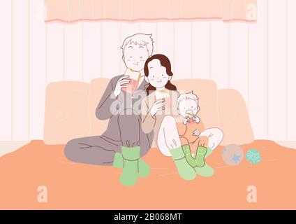 Fröhliche Zeit der Familie im Winter, warme und gemütliche Hausillustration 006 Stock Vektor