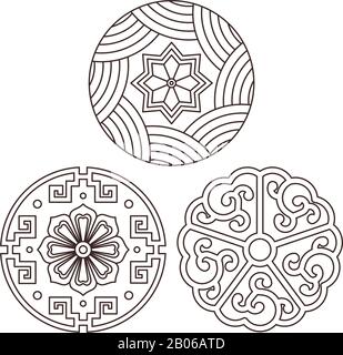 Koreanische traditionelle Muster, Verzierungen und Symbole in asiatischer Designstilillustration 025 Stock Vektor