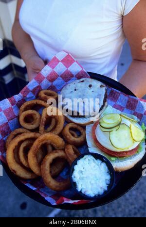 USA, MICHIGAN, DETROIT, GEGENÜBER VON FORD FIELD, ELWOOD GRILL, CHEESE BURGER, ZWIEBELRINGE Stockfoto