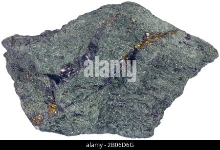 Kostovit, Bulgarien Kostovit ist ein seltenes Telluridmineral, das Kupfer und Gold enthält. Kostovit bildet kleine Körner und kurze Veinlets in Tennantit a Stockfoto
