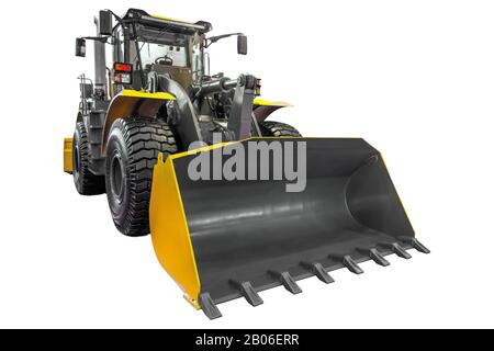 Gelber Bulldozer Traktor mit einem großen Eimer vorne, isoliert auf weißem Hintergrund Stockfoto