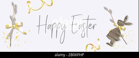 Trendiges, modernes Osterbanner. Frohes Ostern horizontales Poster. Kaninchen oder Hase. Realistischer Style. Vektorgrafik. Stockfoto