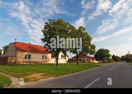 Dorfstraße mit Häusern in der Slowakei Stockfoto